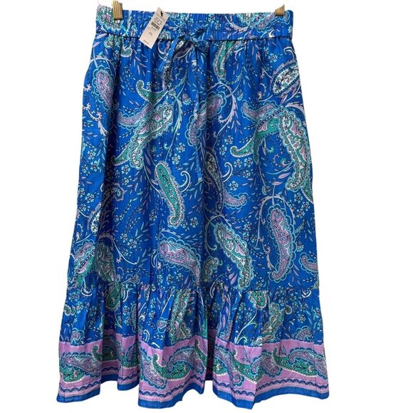 TALBOTS Tiered Midi Skirt Small Petite Blue Paisley Garden Cotton Boho NWT - Picture 2 of 11